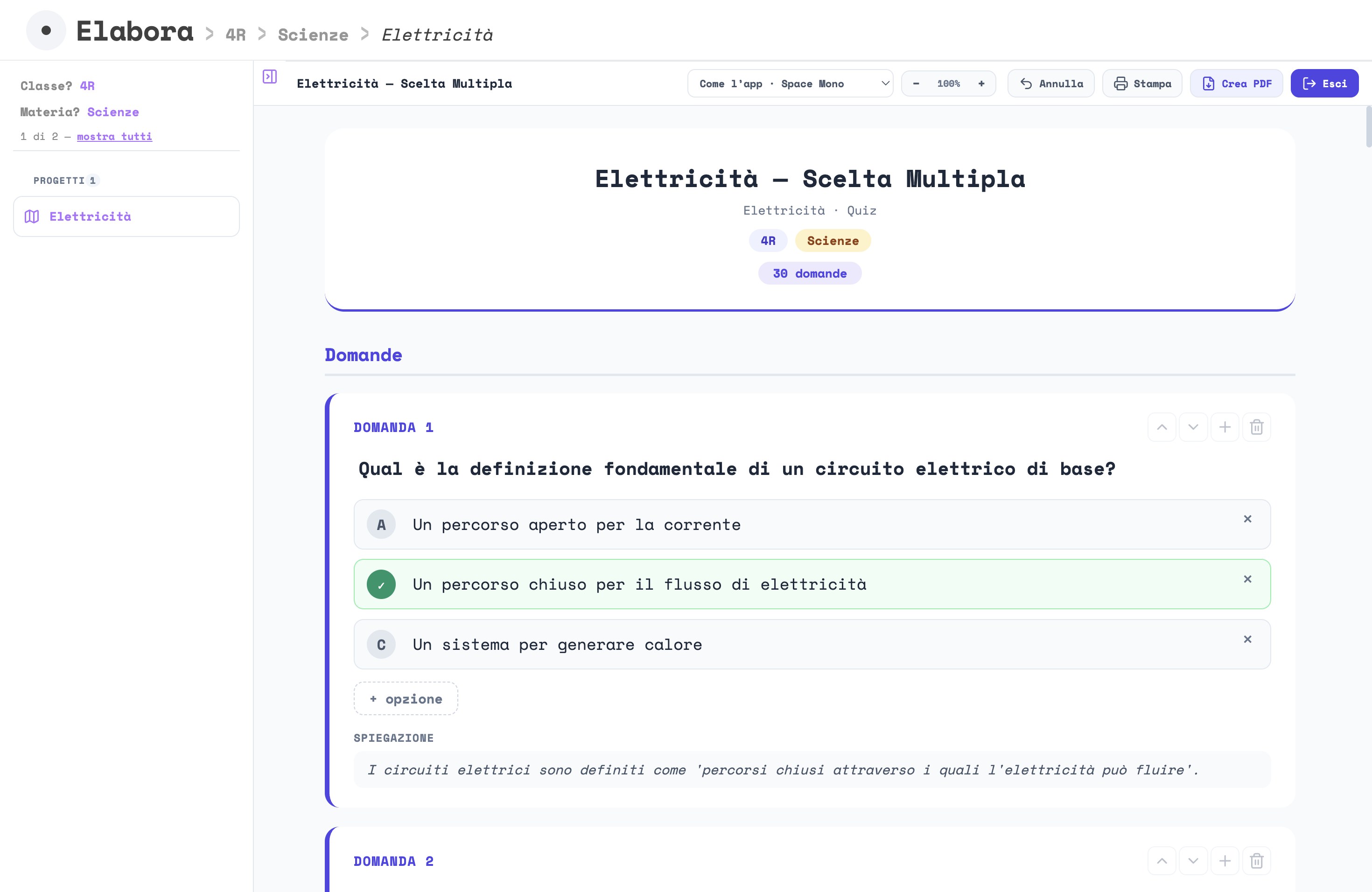 Un quiz generato, aperto nell'editor per la correzione