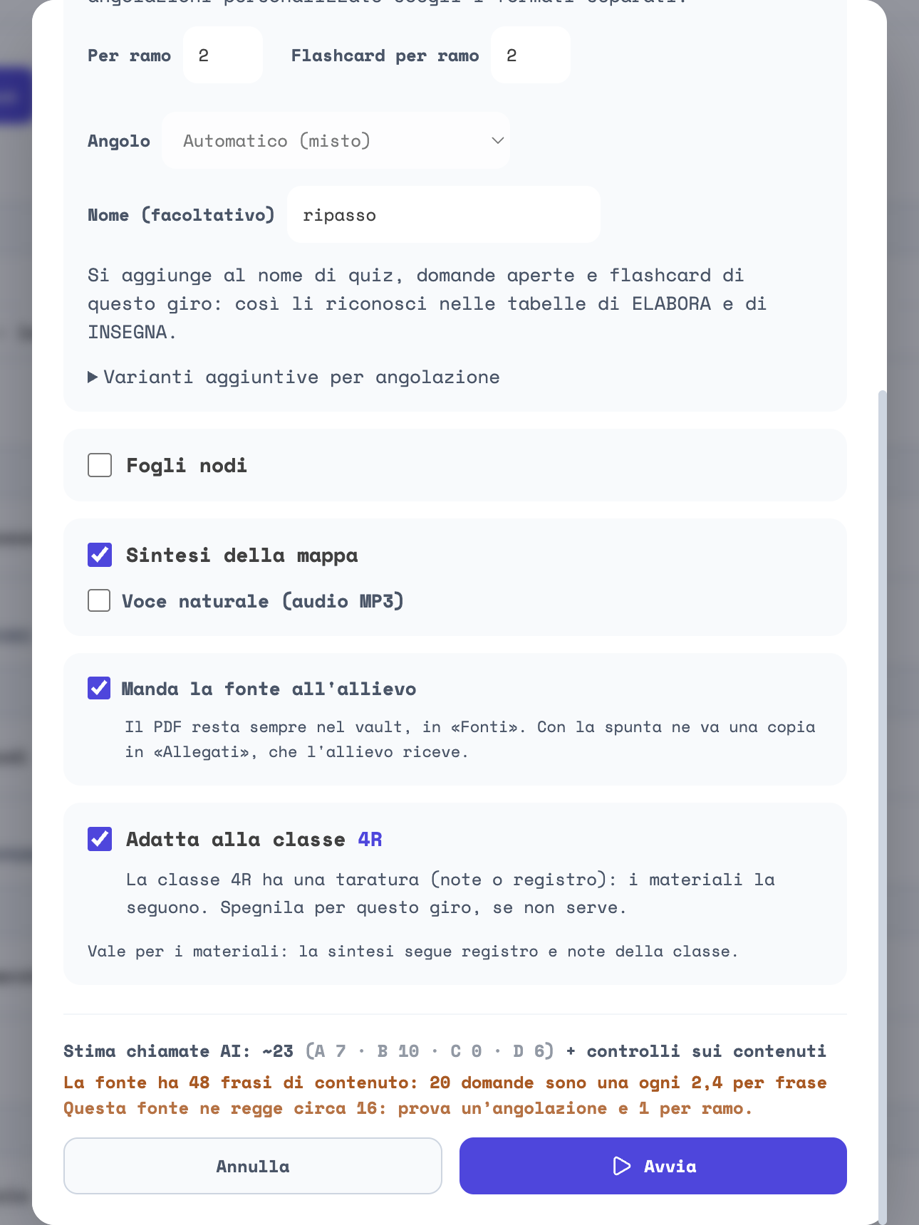 La finestra «Genera materiali» di «Più materiali insieme»: angolo, nome, fogli dei nodi, sintesi, fonte all’allievo, adatta alla classe, stima delle chiamate