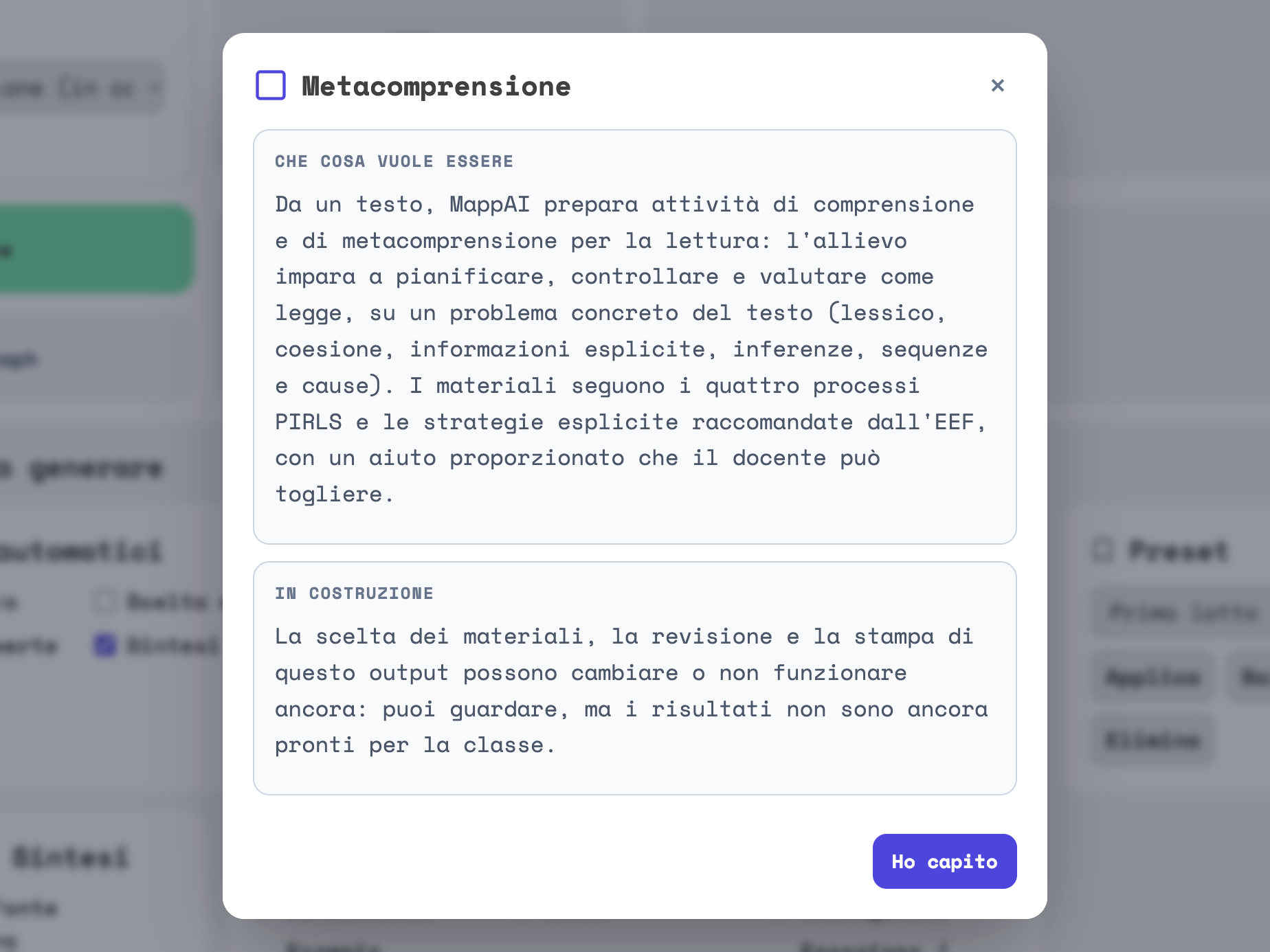 La finestra Metacomprensione sopra la pagina CREA: le parti Che cosa vuole essere e In costruzione, e il bottone Ho capito