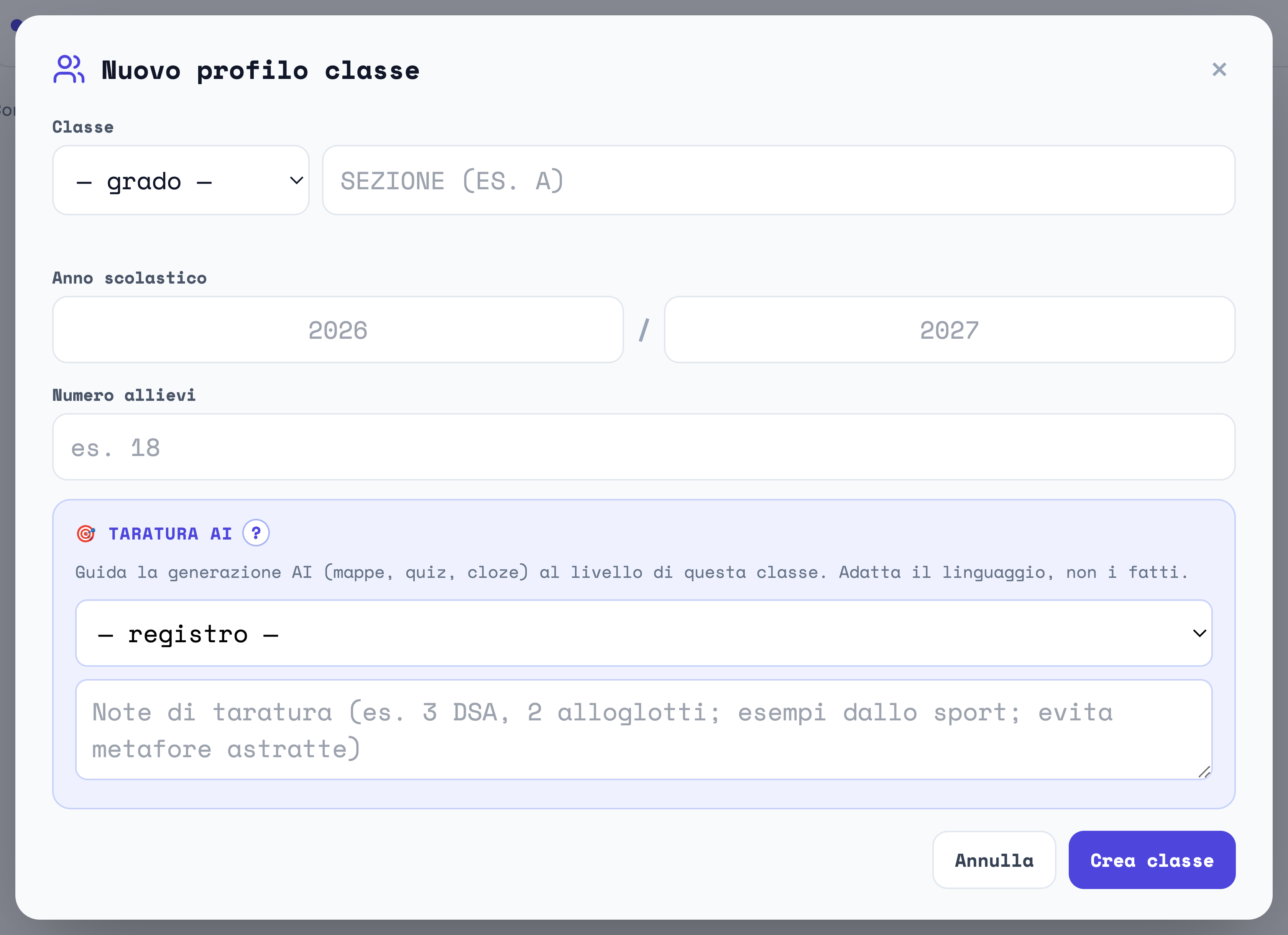 La finestra «Nuovo profilo classe» con grado, registro e note