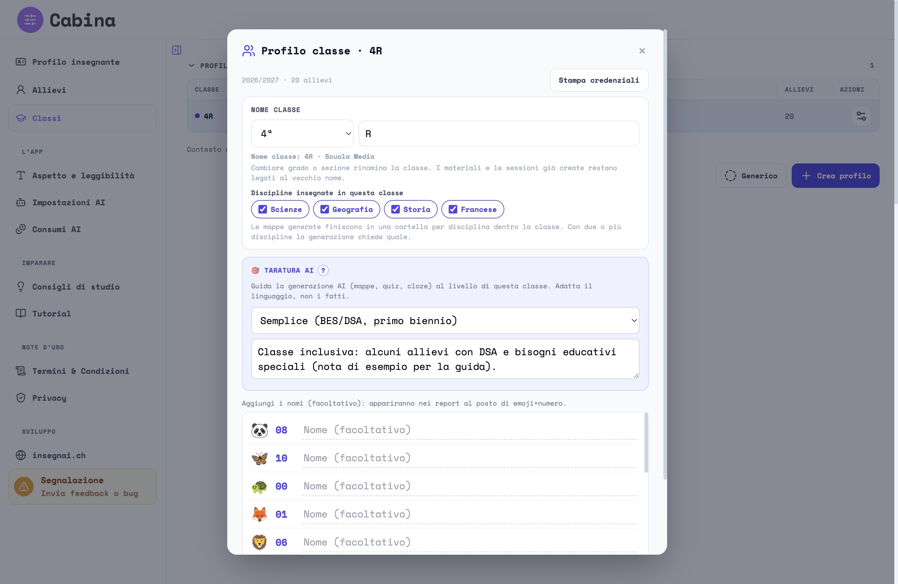 La pagina Classi della Cabina con il profilo della 4R